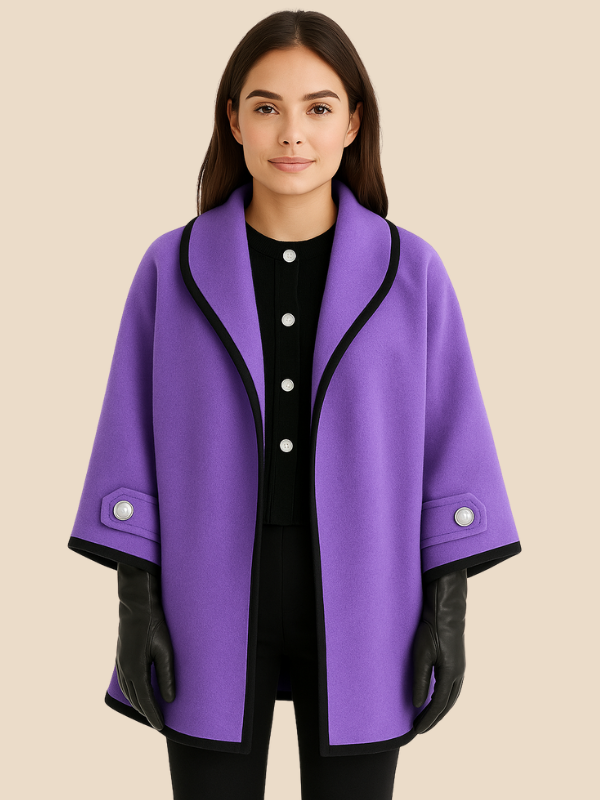 Women’s Hooded Wool Blend Cape Coat – Elegant Button Poncho Jacket