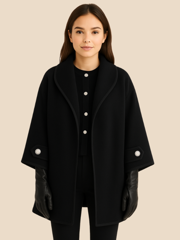 Women’s Hooded Wool Blend Cape Coat – Elegant Button Poncho Jacket