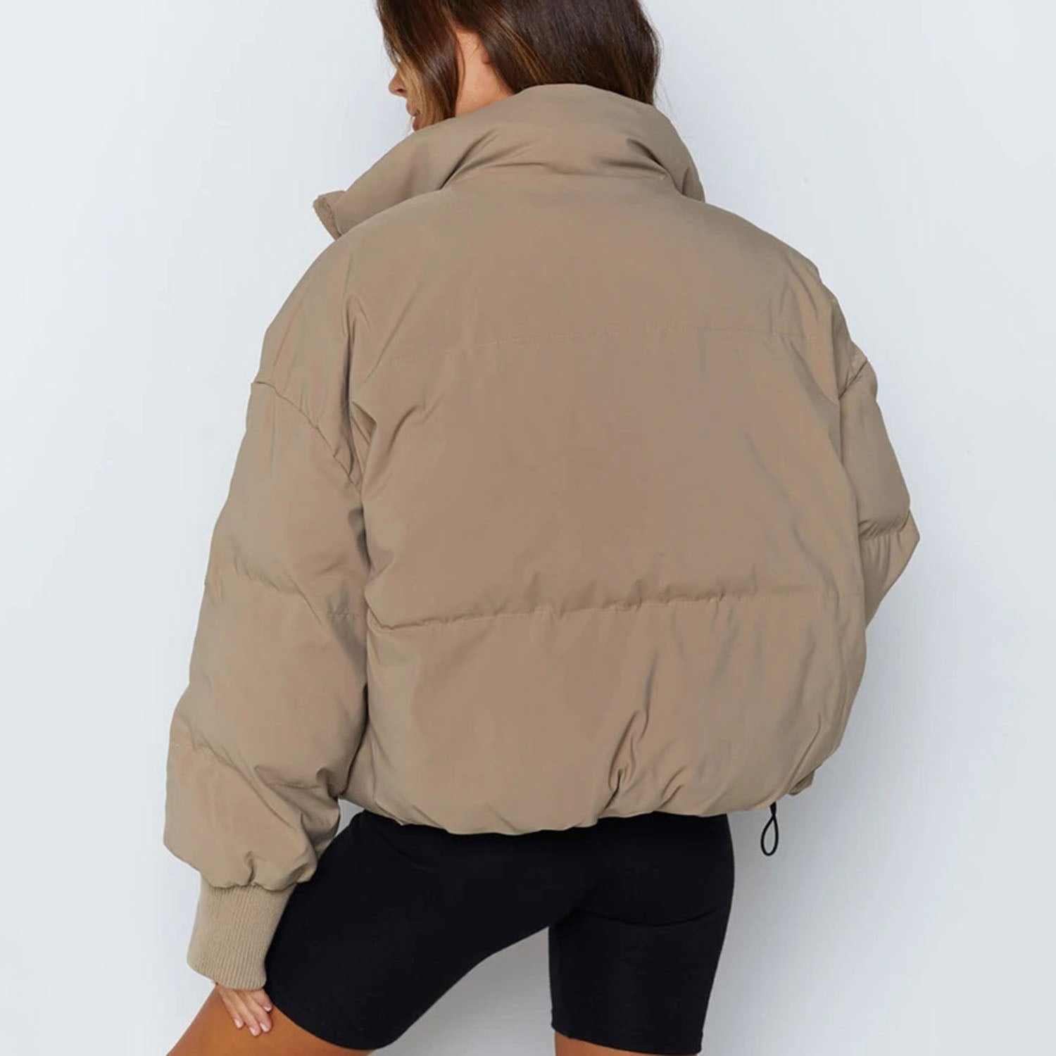Cropped Puffer Jacket with High Neck and Zip Closure