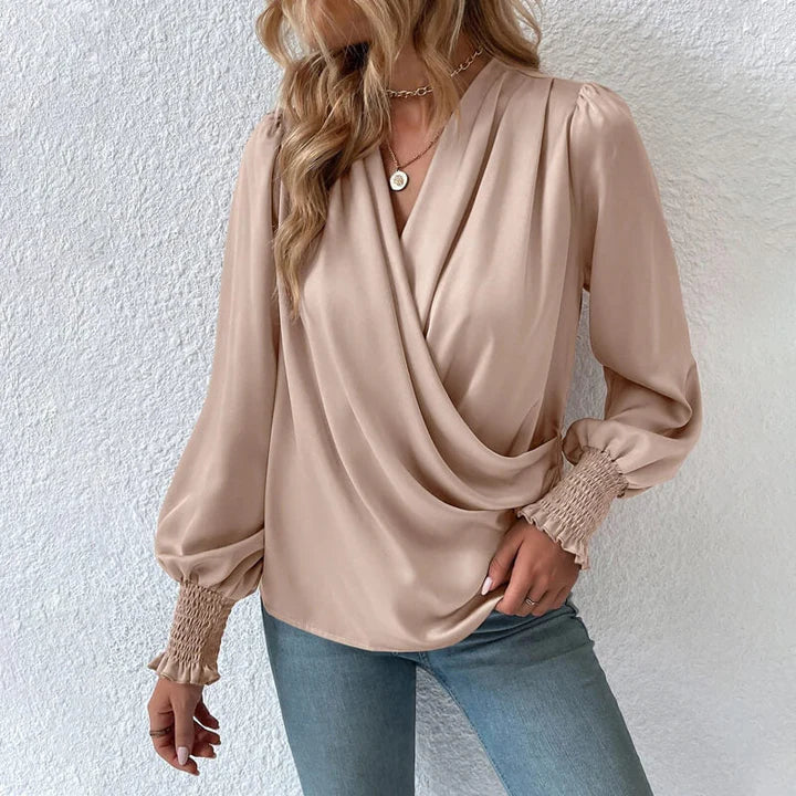 Elegant Draped V-Neck Long Sleeve Blouse for Women