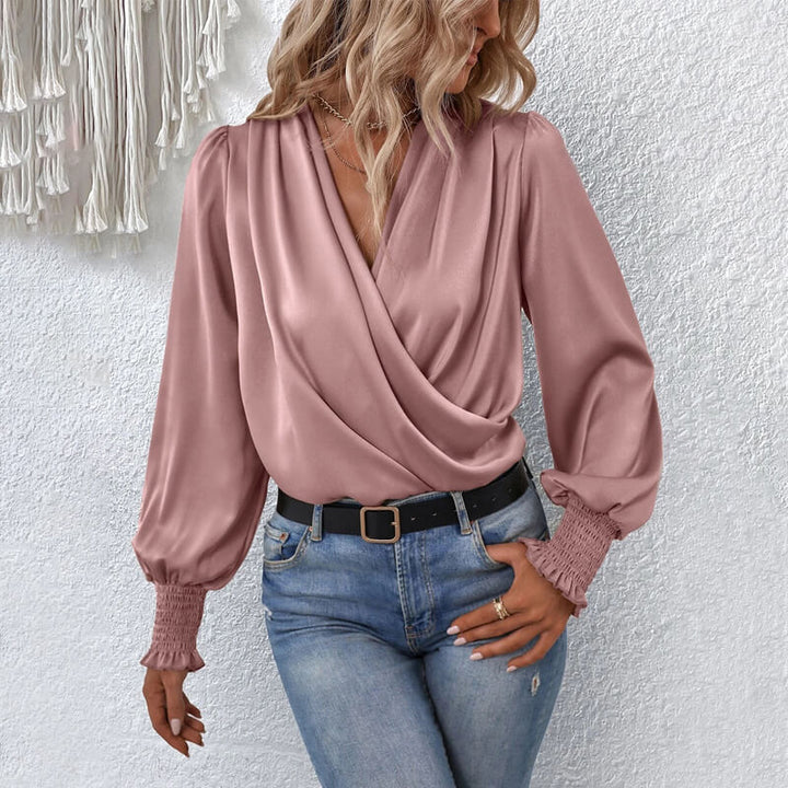 Elegant Draped V-Neck Long Sleeve Blouse for Women