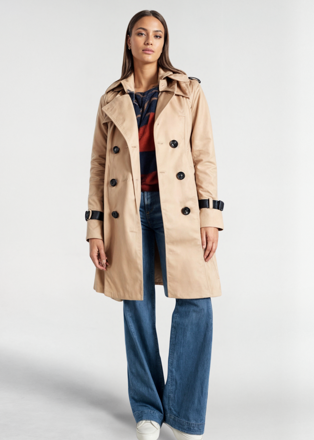 Classic Double-Breasted Trench Coat with Belt and Contrast Trim