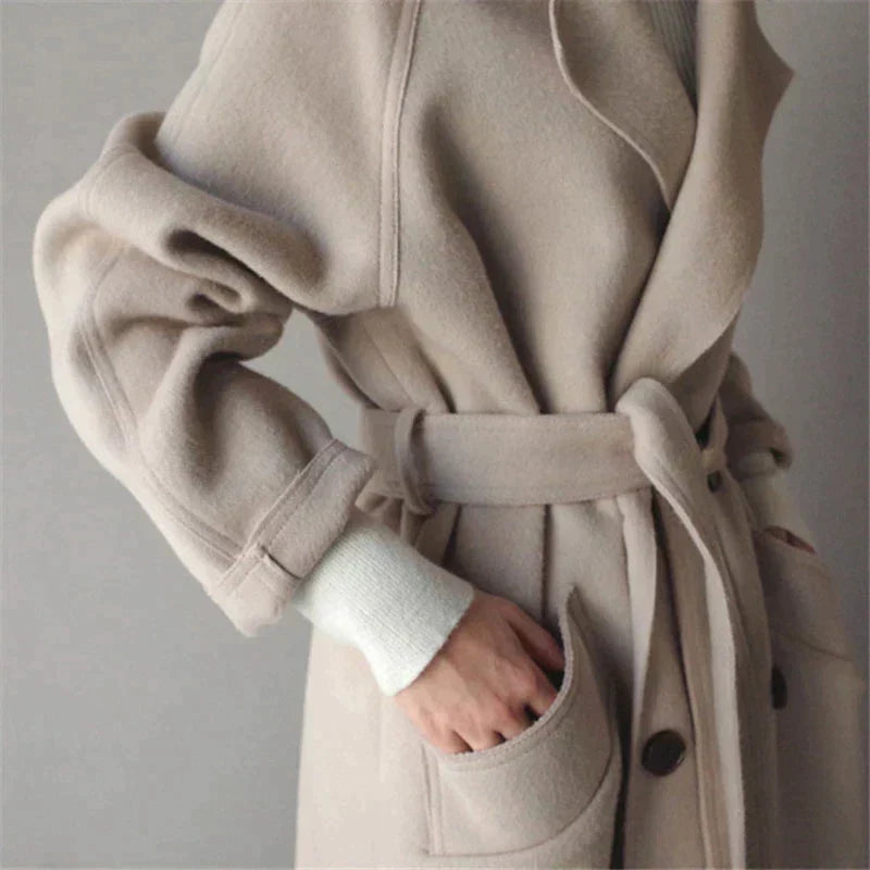 Oversized Wool-Blend Belted Coat with Wide Lapel