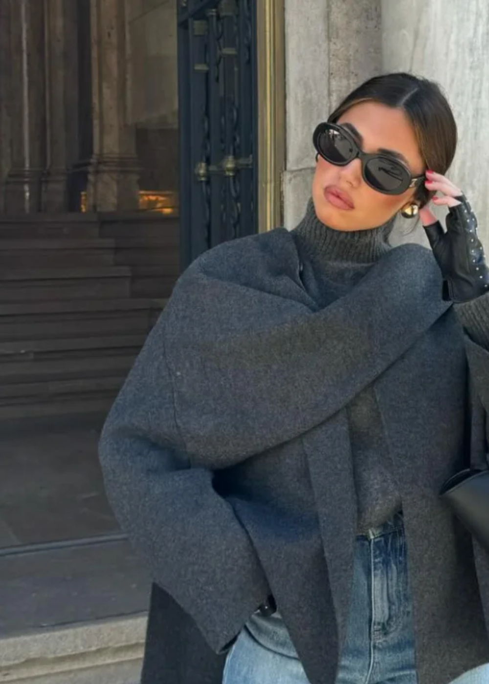 Cape-Style Wool Jacket with Oversized Scarf Collar