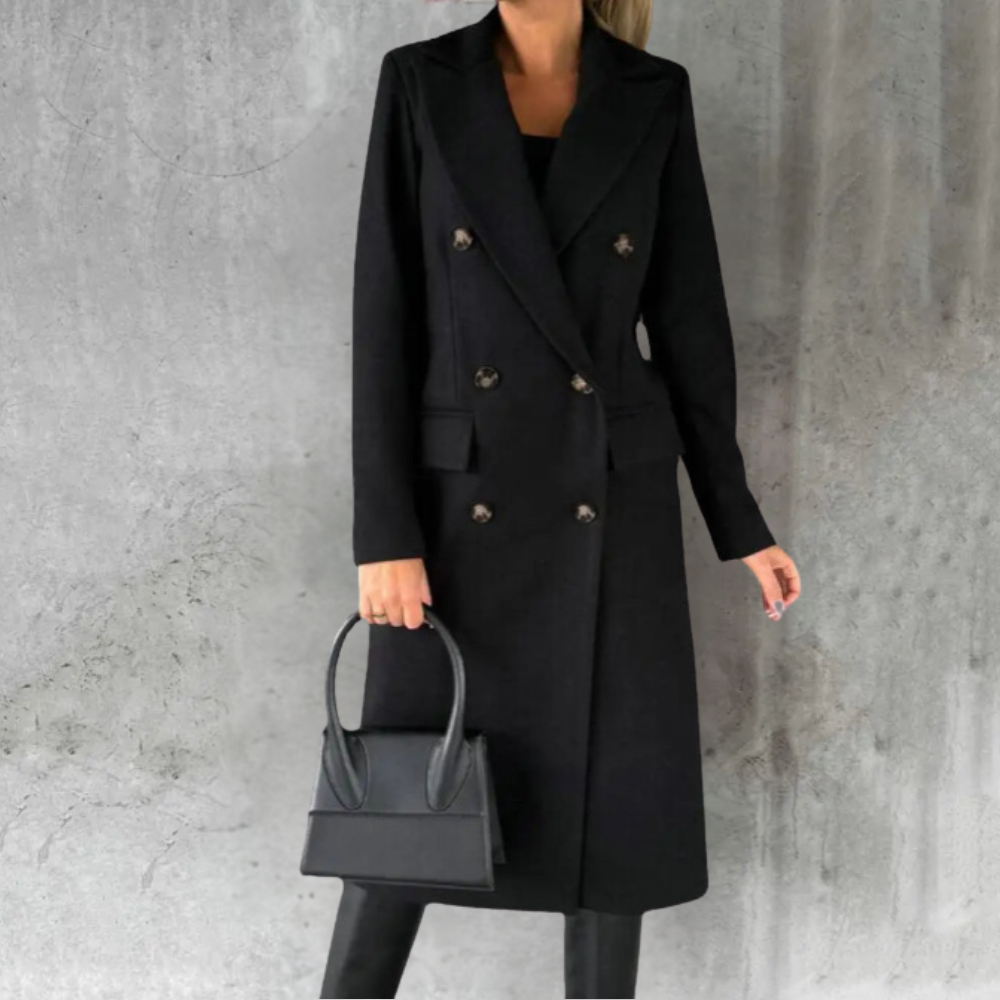 Double-Breasted Wool-Blend Long Coat with Lapel Collar