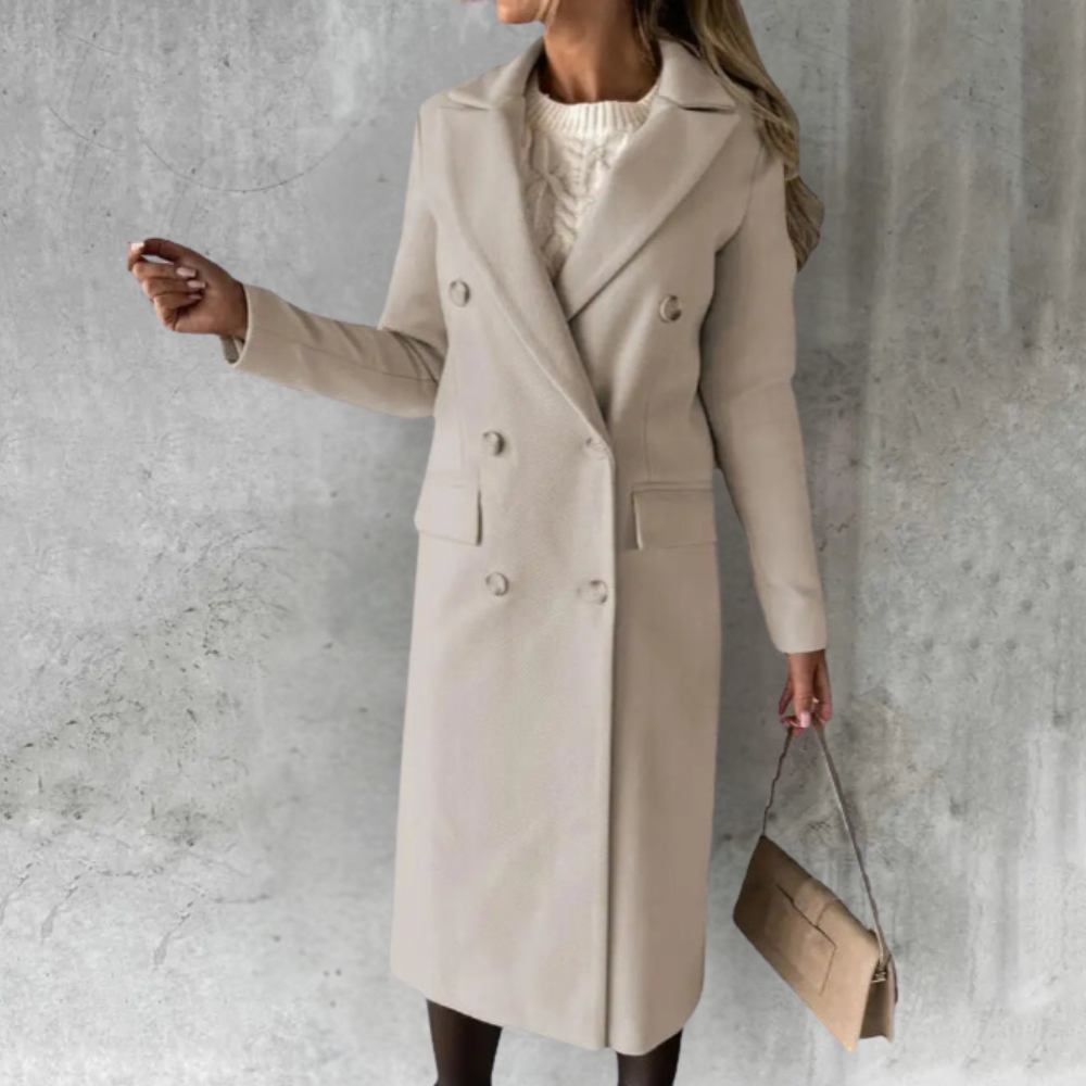 Double-Breasted Wool-Blend Long Coat with Lapel Collar