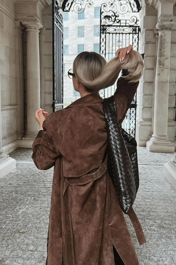 Long Faux Fur Belted Coat with Lapel Collar