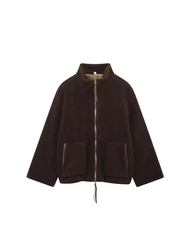 Oversized Teddy Fleece Zip-Up Jacket with High Neck