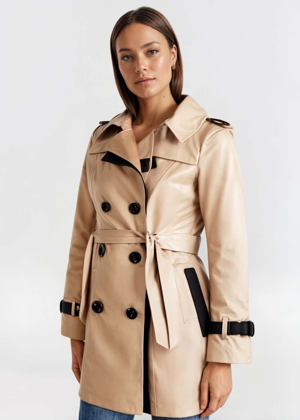 Classic Double-Breasted Trench Coat with Belt and Contrast Trim