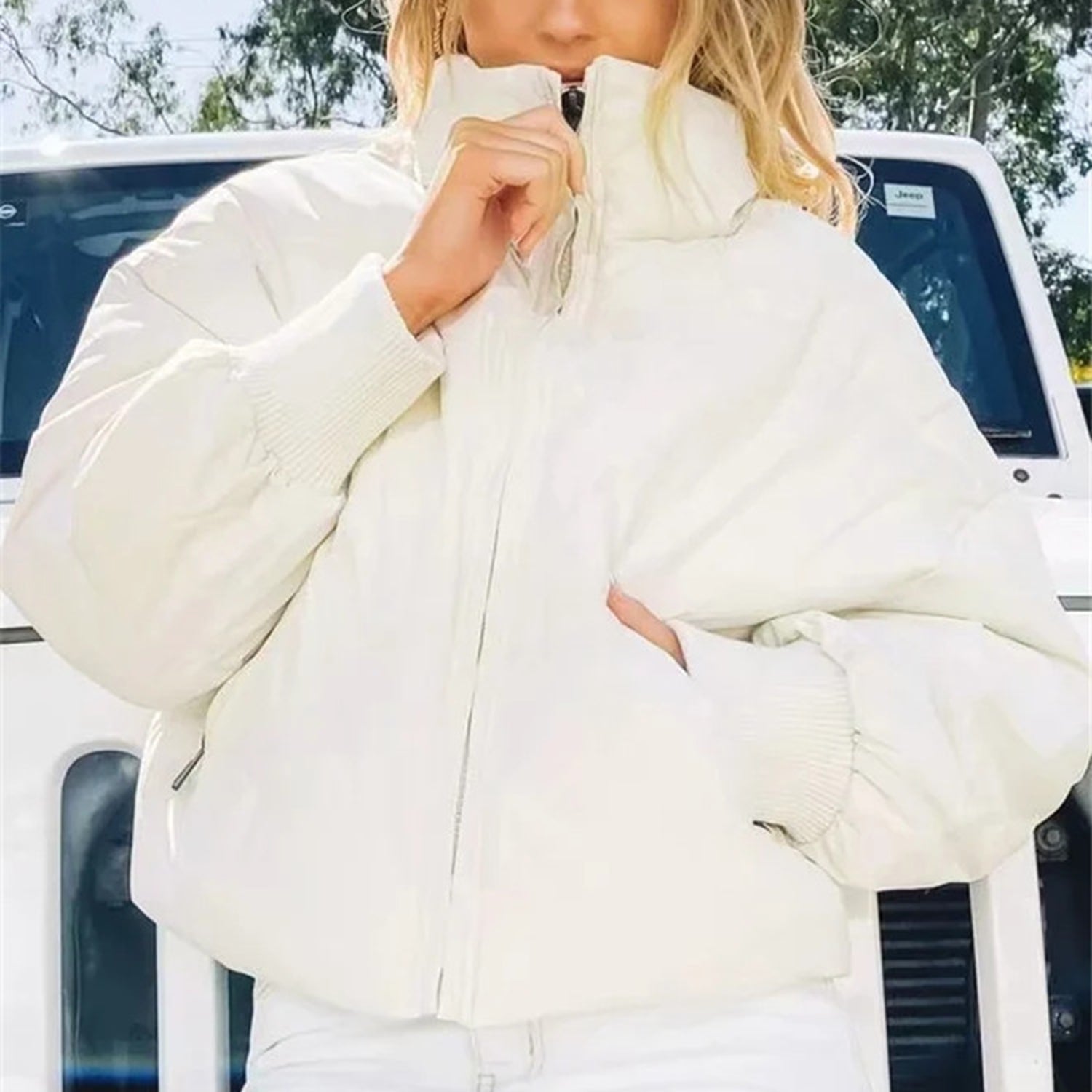 Cropped Puffer Jacket with High Neck and Zip Closure