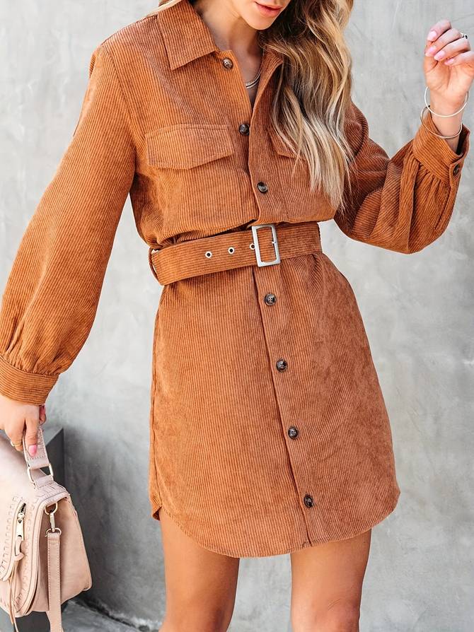 Belted Corduroy Shirt Dress for Women