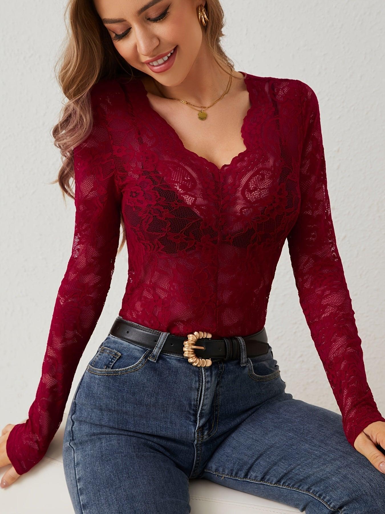 Elegant Long Sleeve Lace V-Neck Blouse for Women