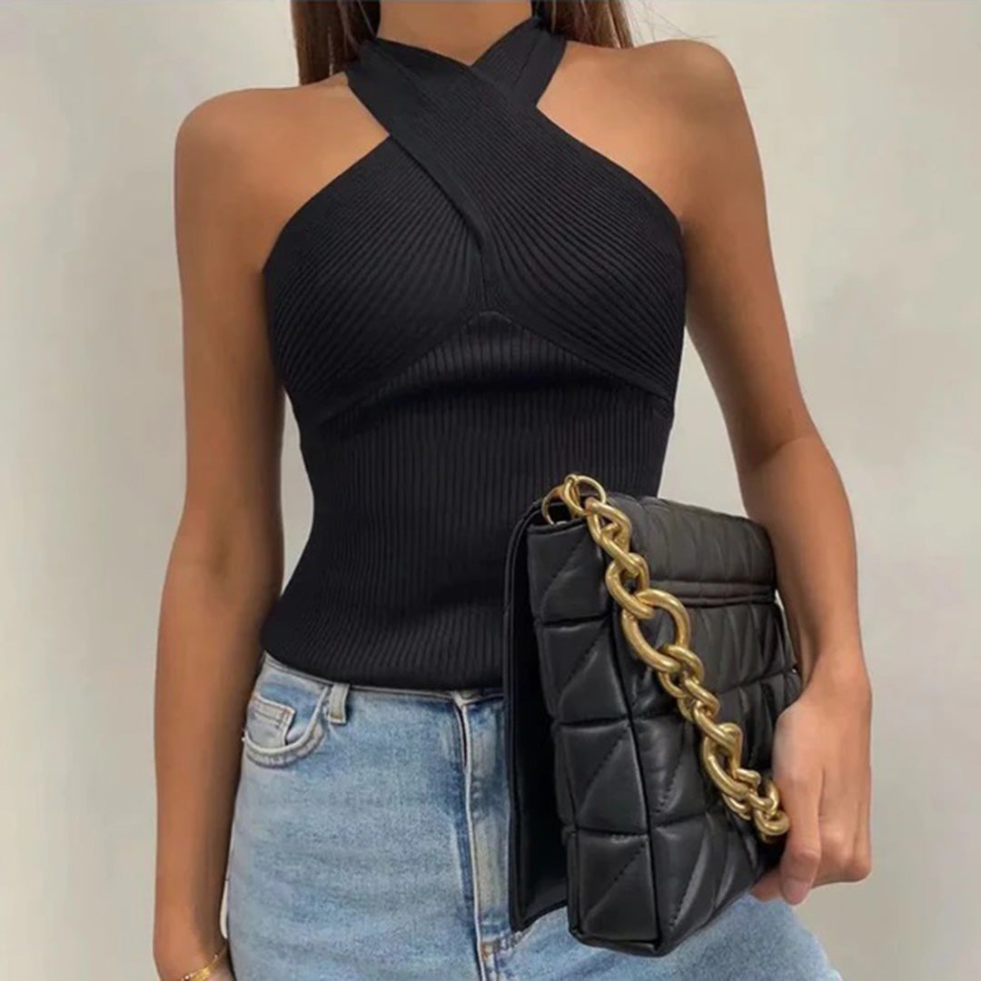 Chic Ribbed Cross Halter Neck Top for Women