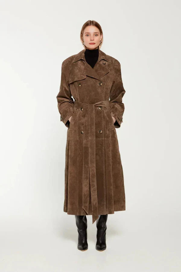 Long Faux Fur Belted Coat with Lapel Collar