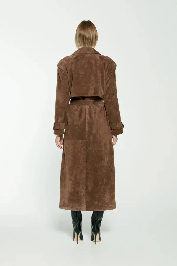 Long Faux Fur Belted Coat with Lapel Collar