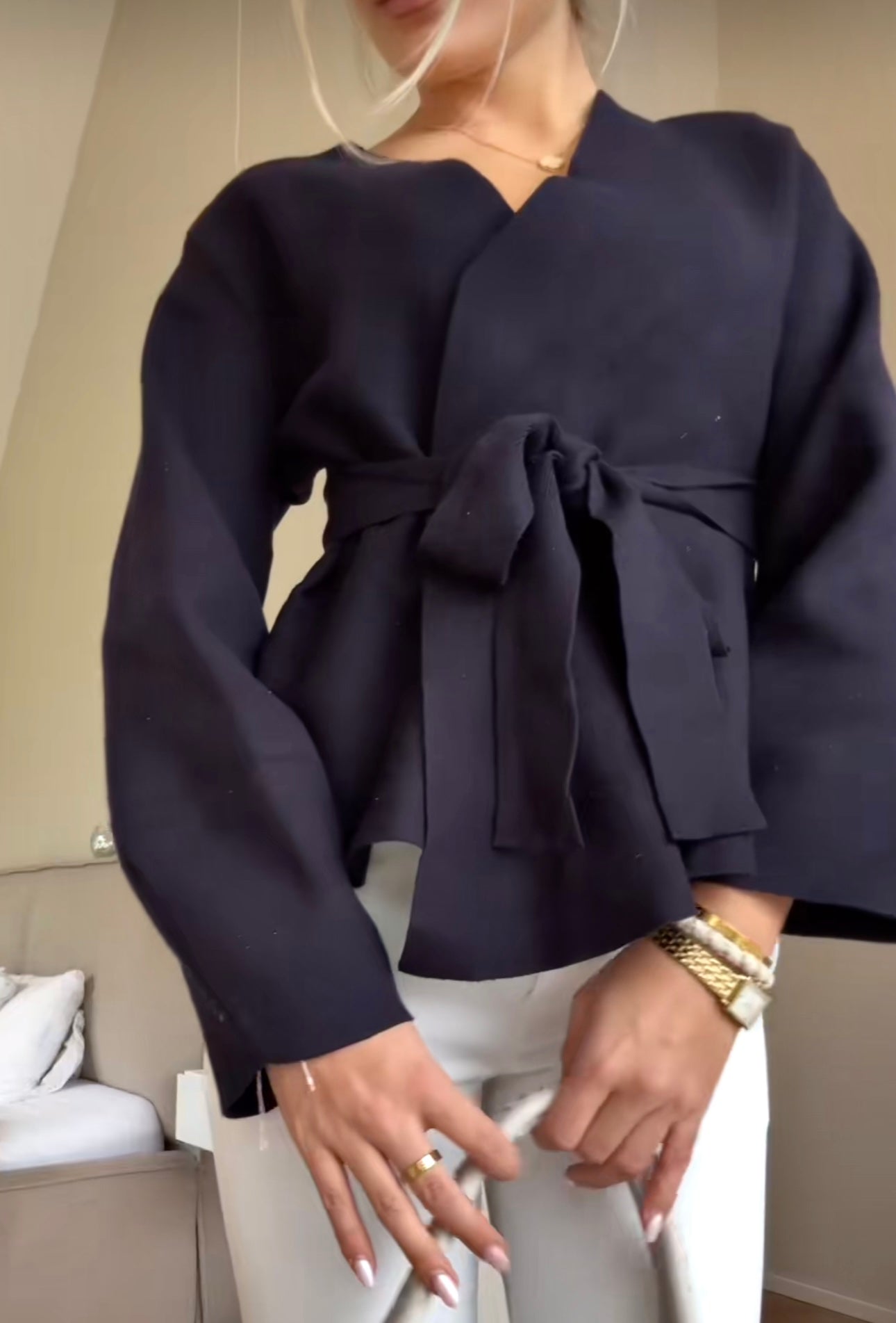 Elegant Wrap Tie Waist Long Sleeve Blouse for Women