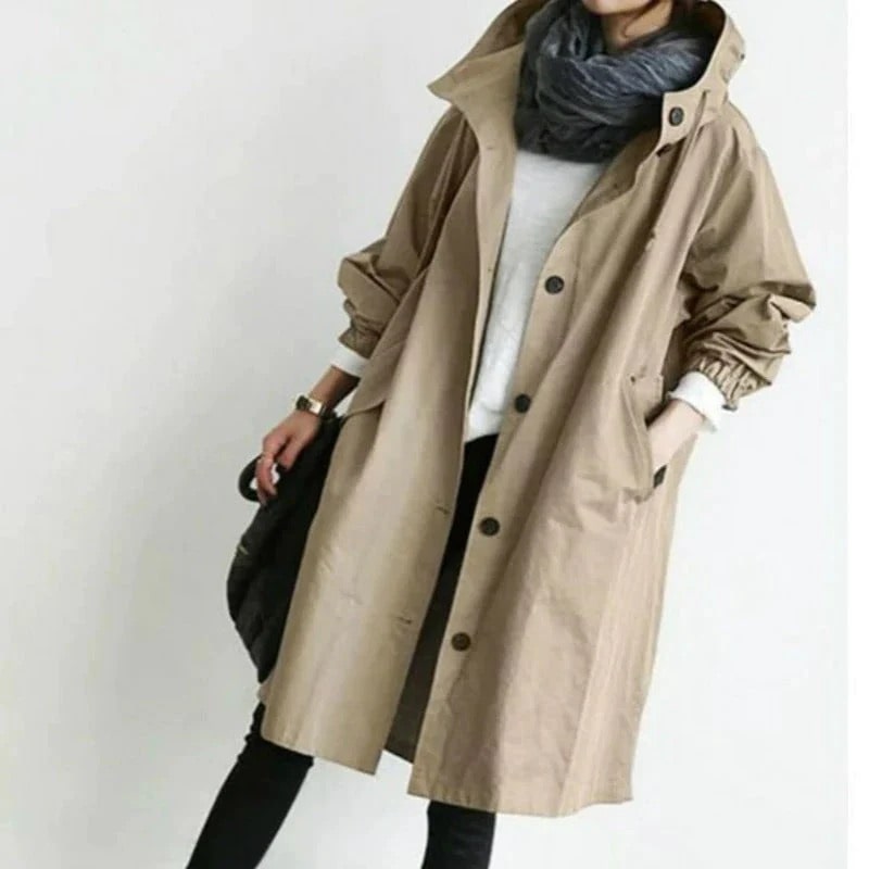 Oversized Hooded Trench Coat with Button Front