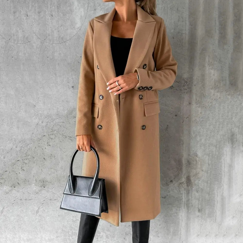 Double-Breasted Wool-Blend Long Coat with Lapel Collar