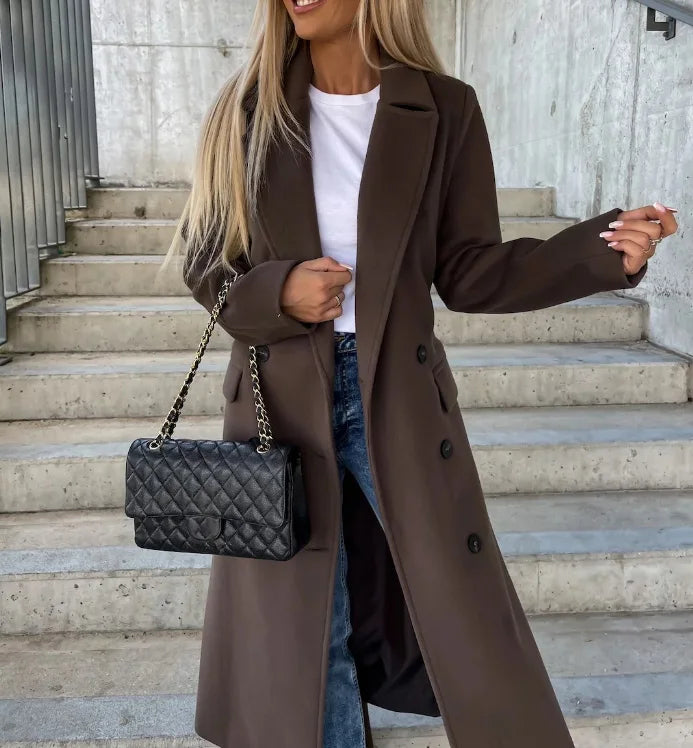Tailored Long Wool-Blend Coat with Button Closure