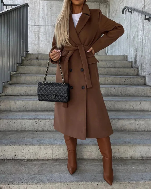 Tailored Long Wool-Blend Coat with Button Closure