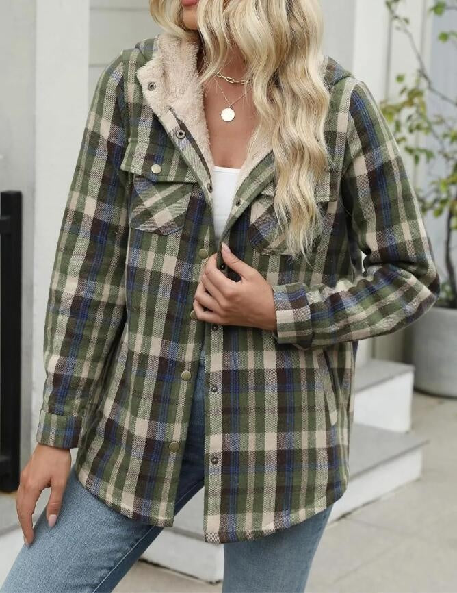 Plaid Sherpa-Lined Hooded Jacket for Women