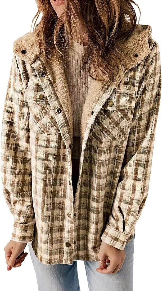 Plaid Sherpa-Lined Hooded Jacket for Women