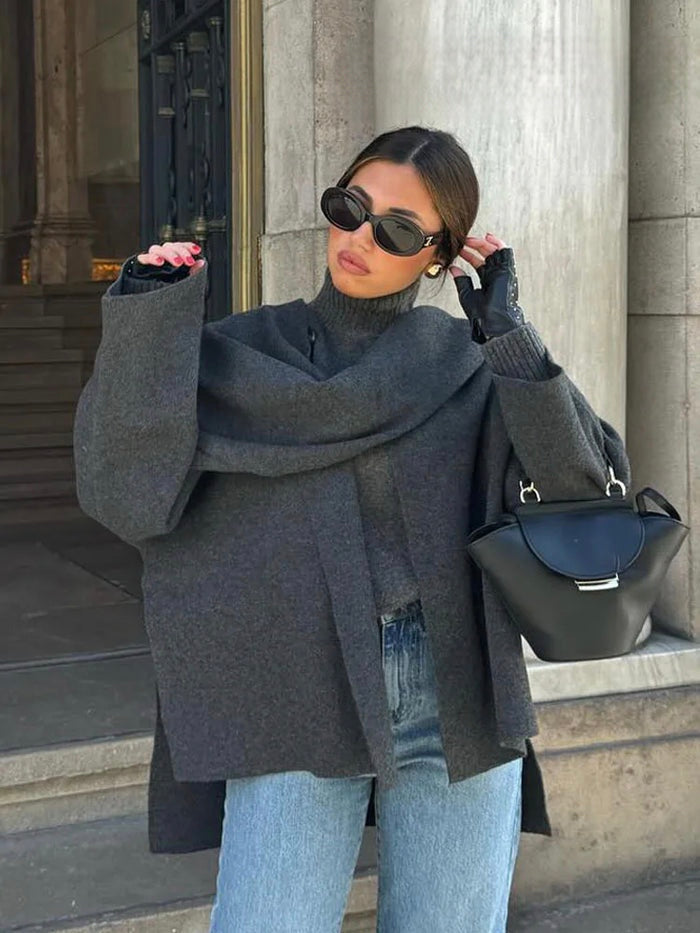 Elegant Asymmetrical Wool Blend Poncho Sweater