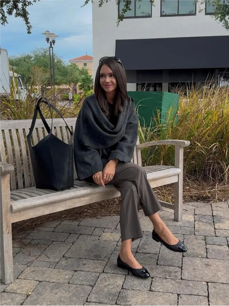 Elegant Asymmetrical Wool Blend Poncho Sweater