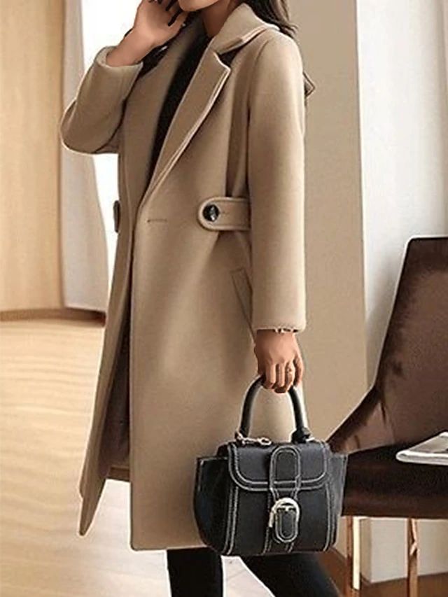 Classic Wool-Blend Long Coat with Lapel Collar