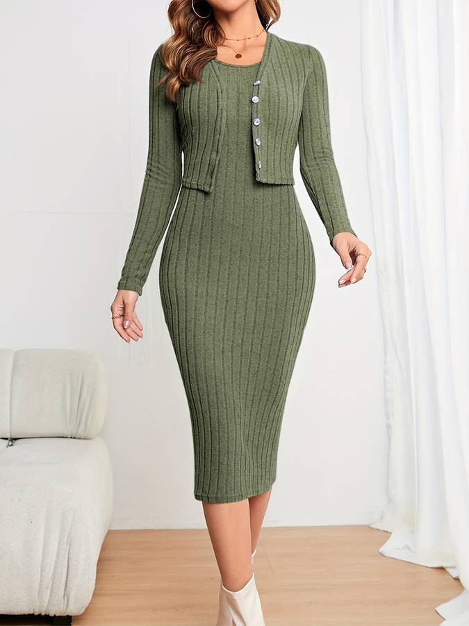 Ribbed Knit Button-Front Bodycon Midi Dress for Women