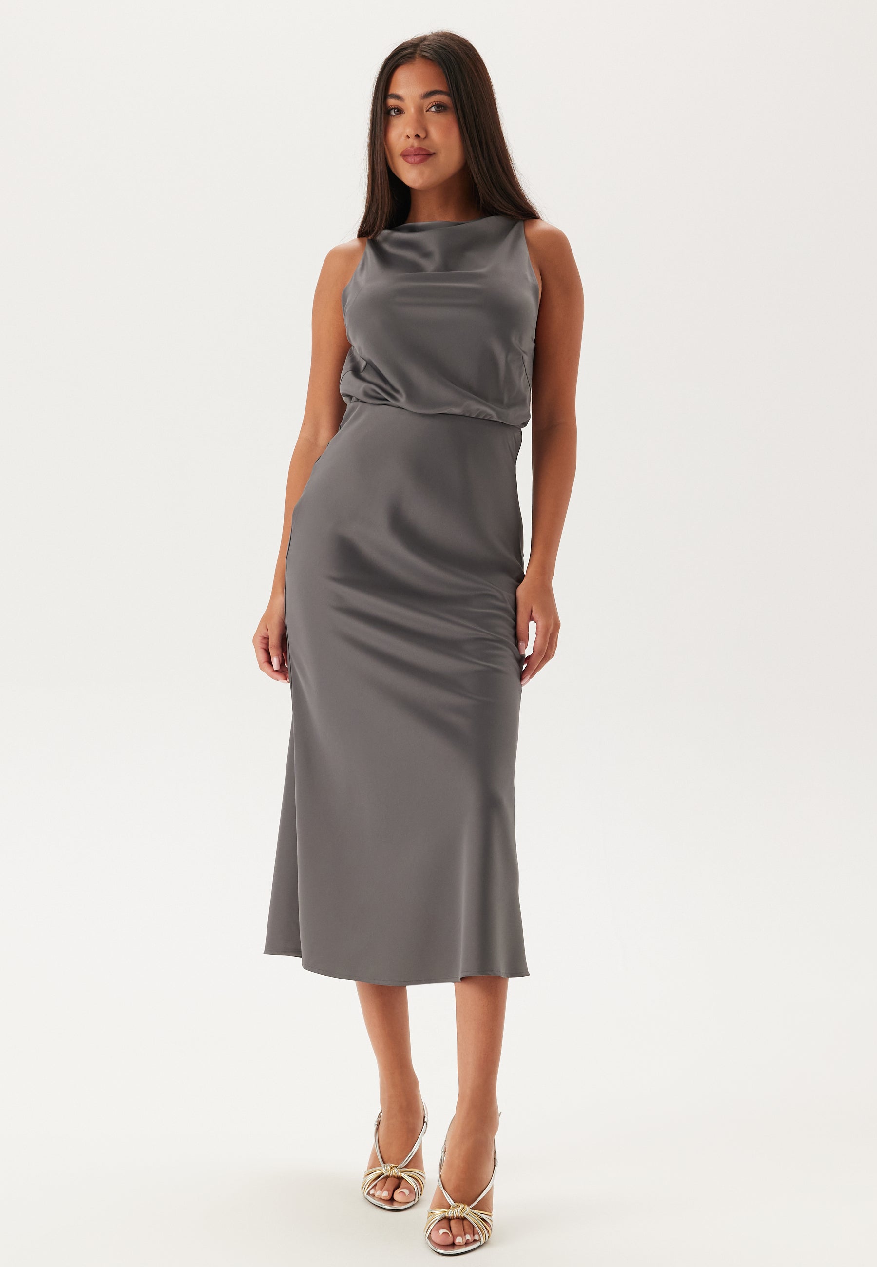 Satin Cowl Neck Open Back Midi Dress