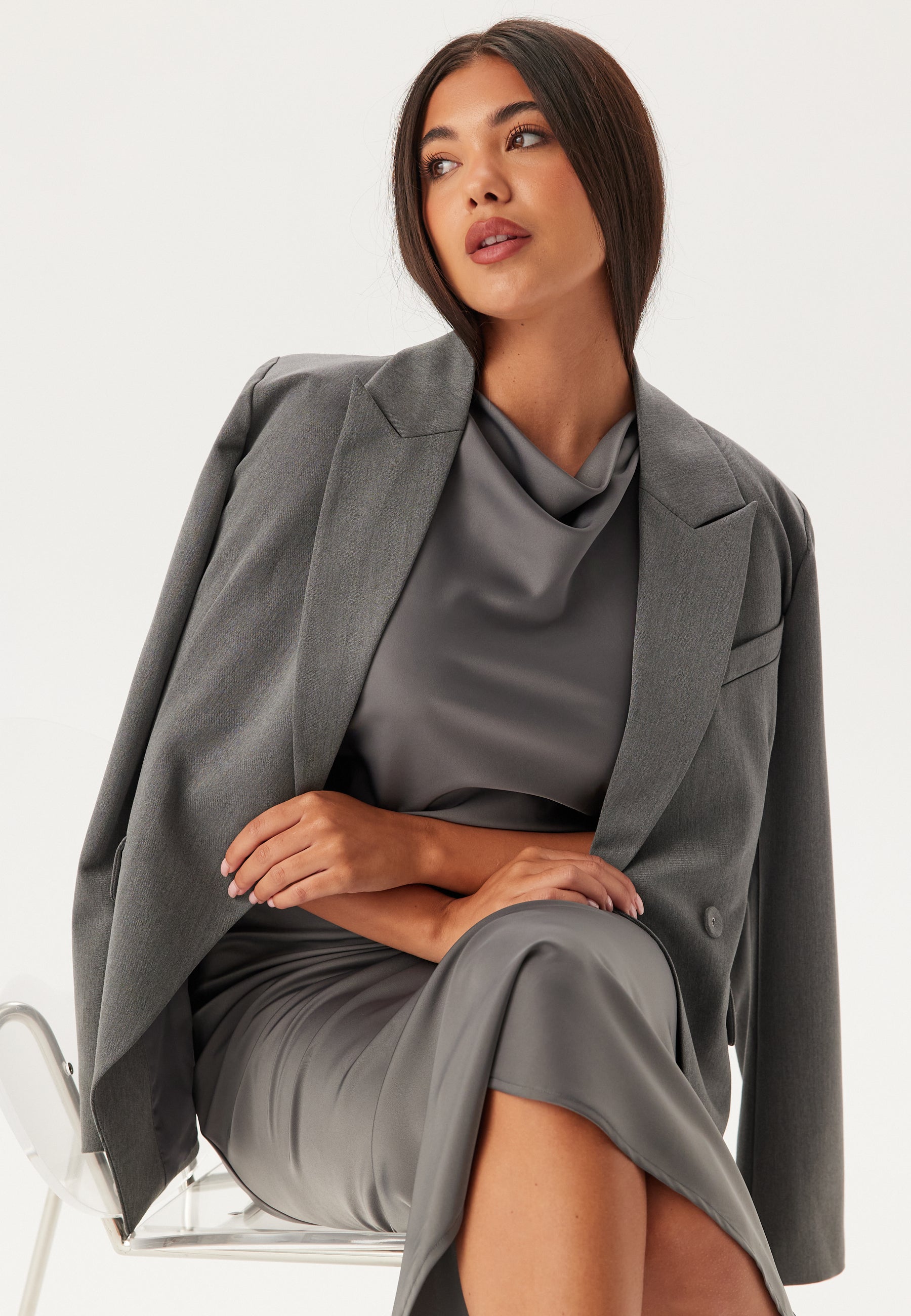 Satin Cowl Neck Open Back Midi Dress