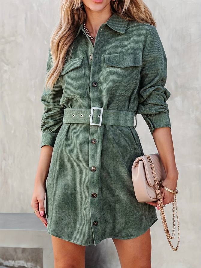 Belted Corduroy Shirt Dress for Women