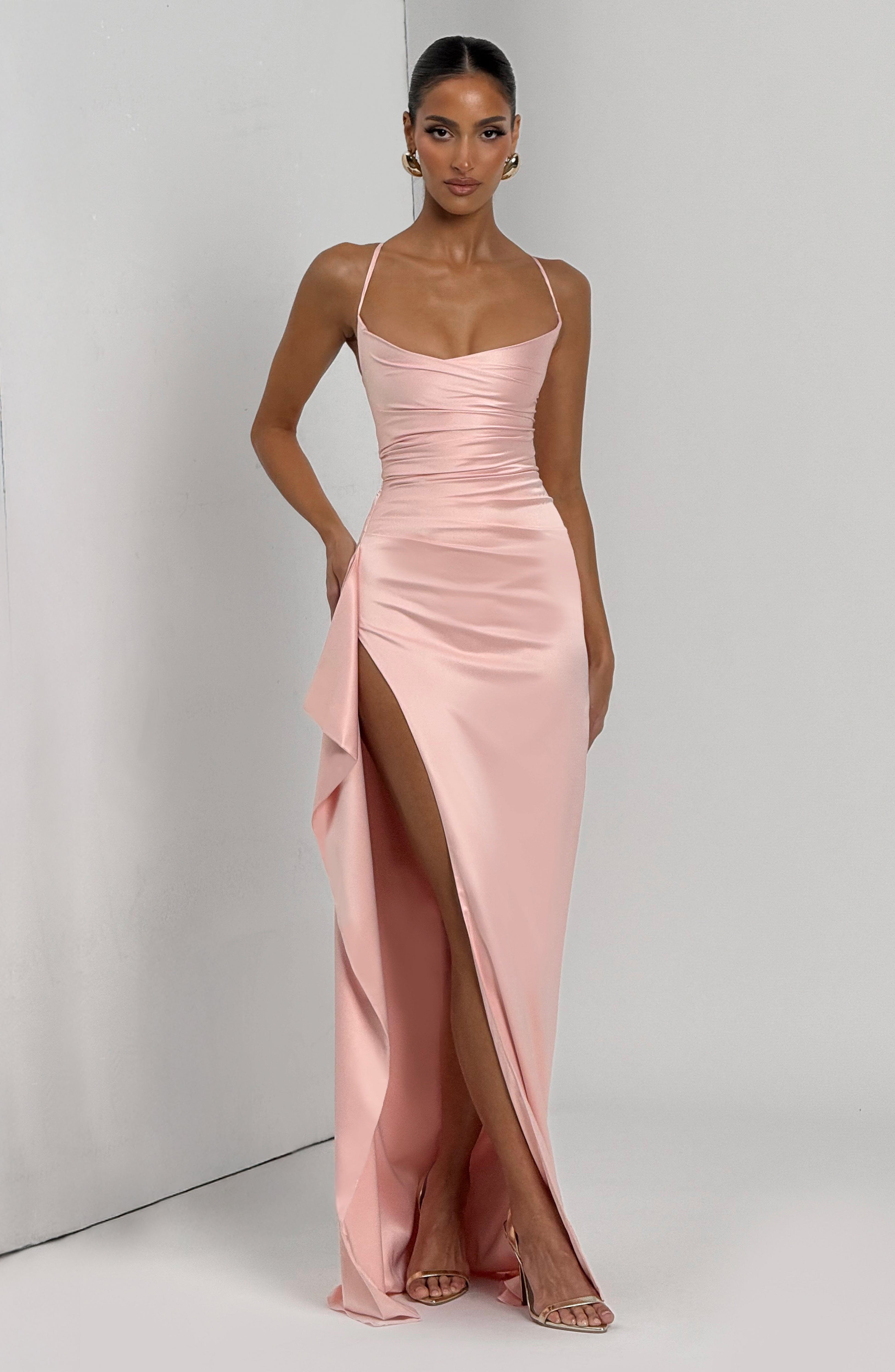 Strapless Satin Maxi Dress with Side Drape Detail