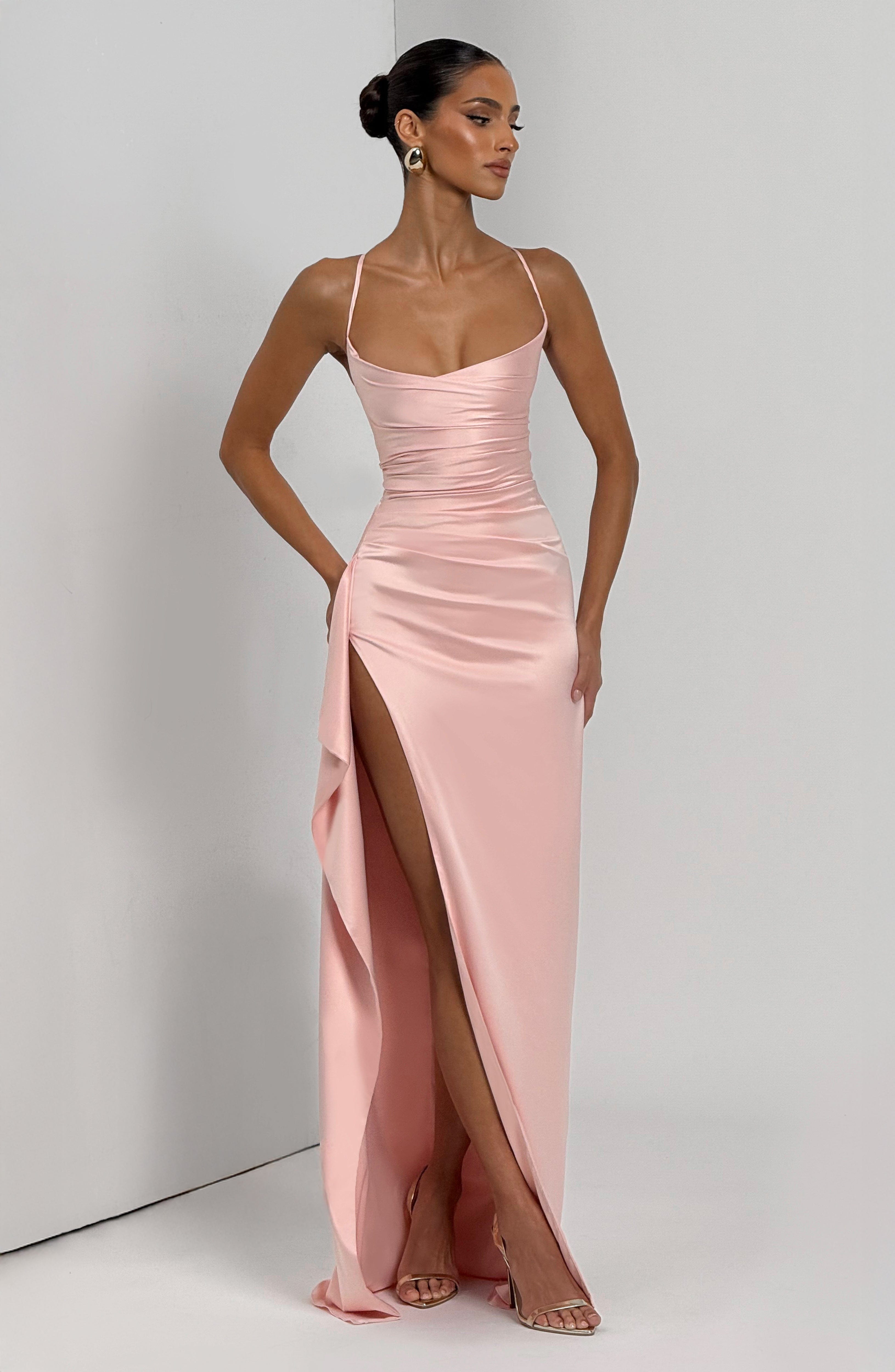 Strapless Satin Maxi Dress with Side Drape Detail