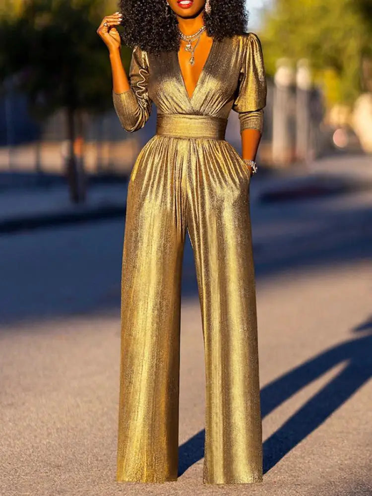 Satin V-Neck Wide-Leg Jumpsuit with Belted Waist