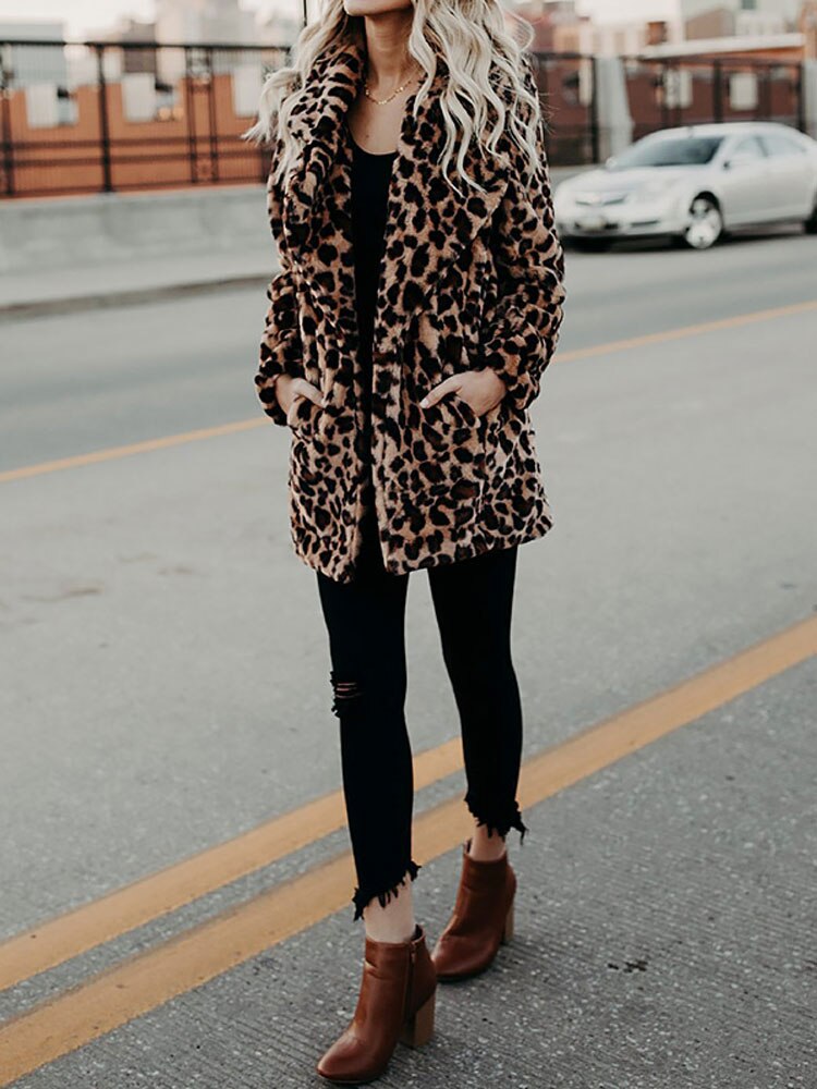 Leopard Print Faux Fur Coat for Women