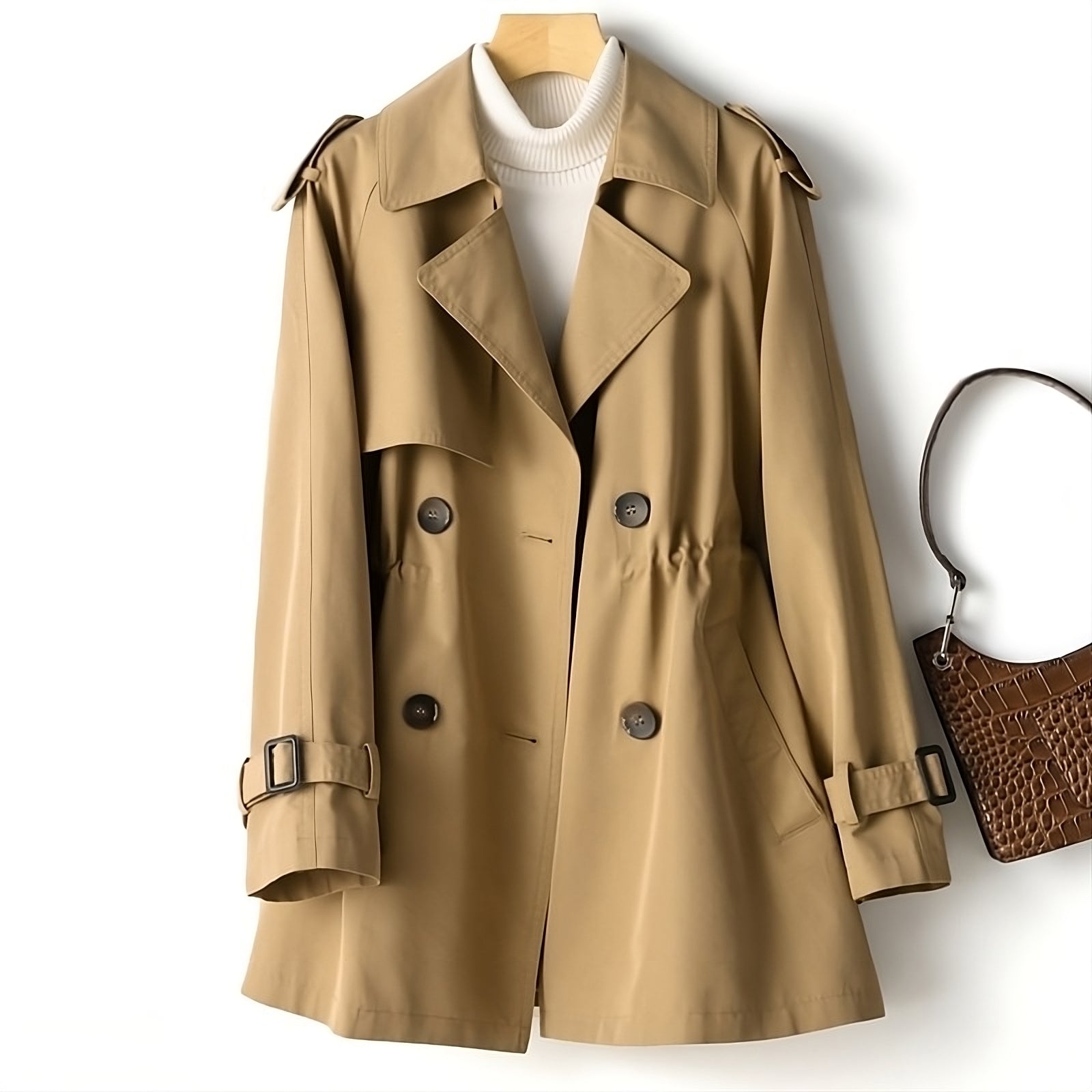 Double-Breasted Short Trench Coat with Belted Cuffs