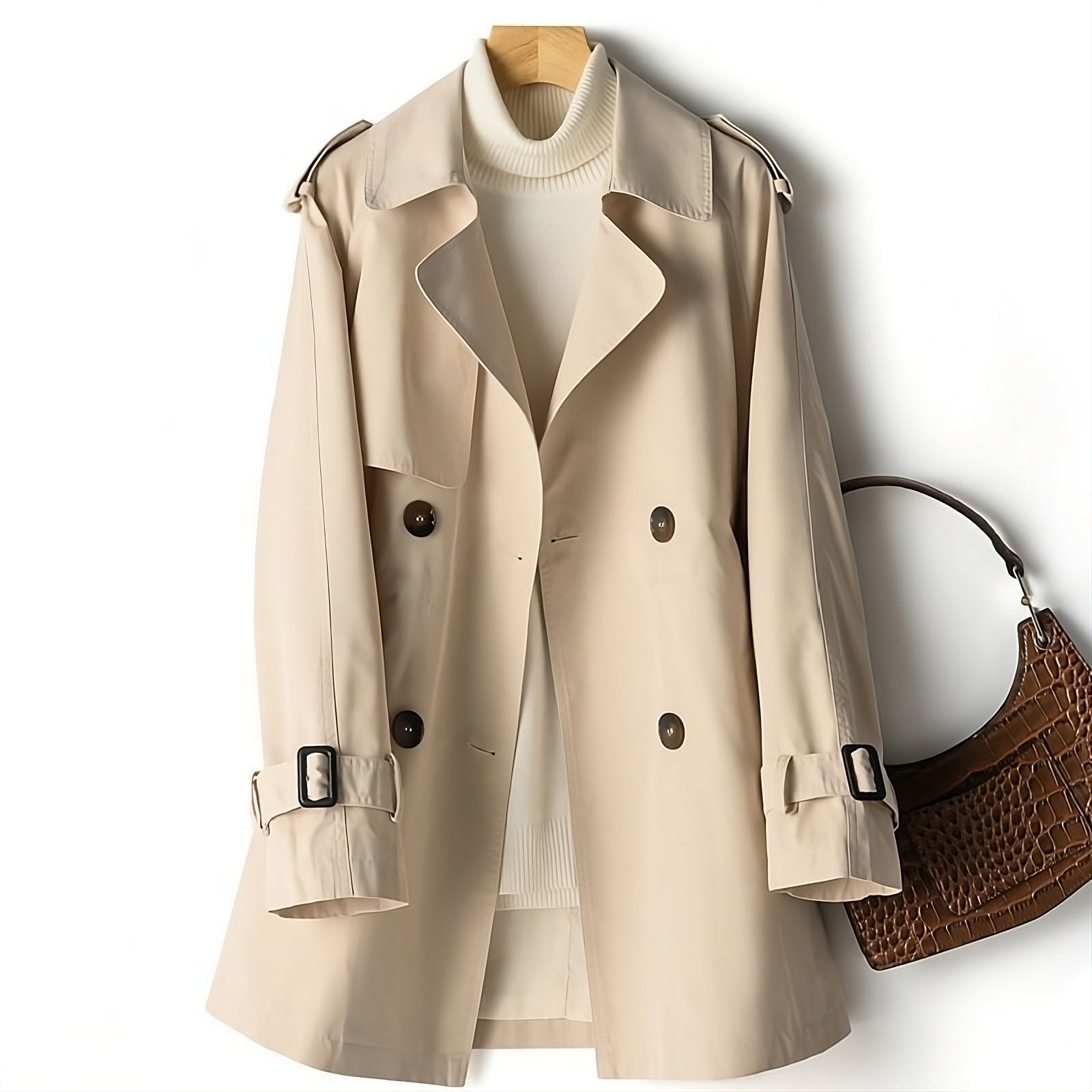 Double-Breasted Short Trench Coat with Belted Cuffs