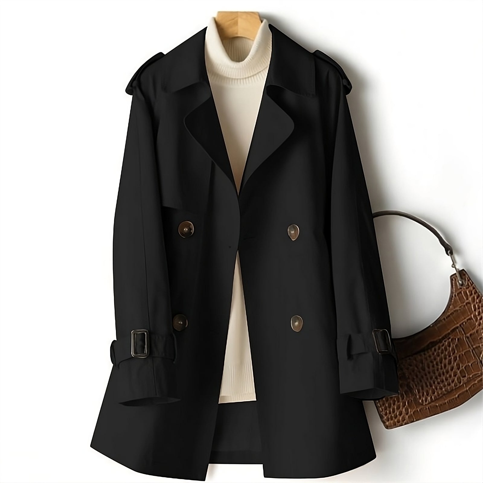 Double-Breasted Short Trench Coat with Belted Cuffs