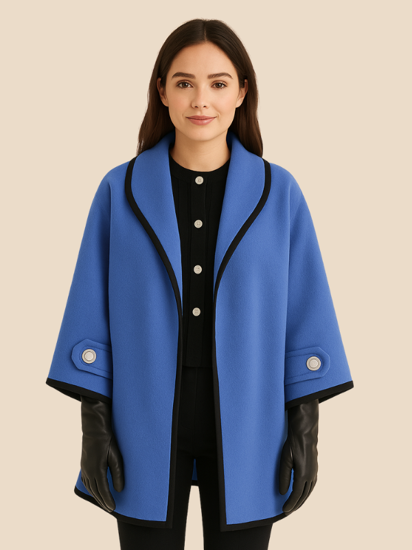 Women’s Hooded Wool Blend Cape Coat – Elegant Button Poncho Jacket