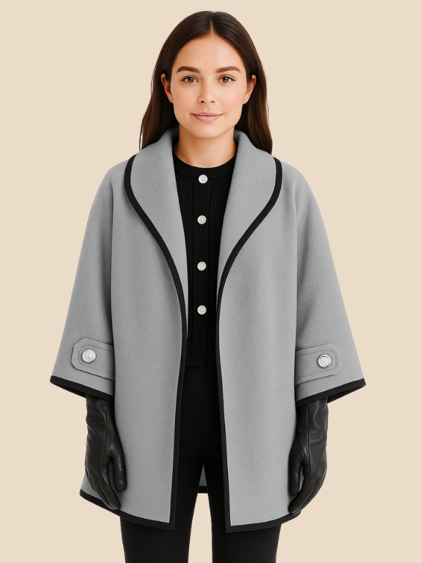 Women’s Hooded Wool Blend Cape Coat – Elegant Button Poncho Jacket