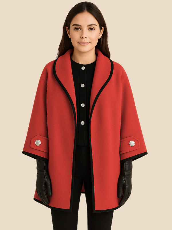 Women’s Hooded Wool Blend Cape Coat – Elegant Button Poncho Jacket