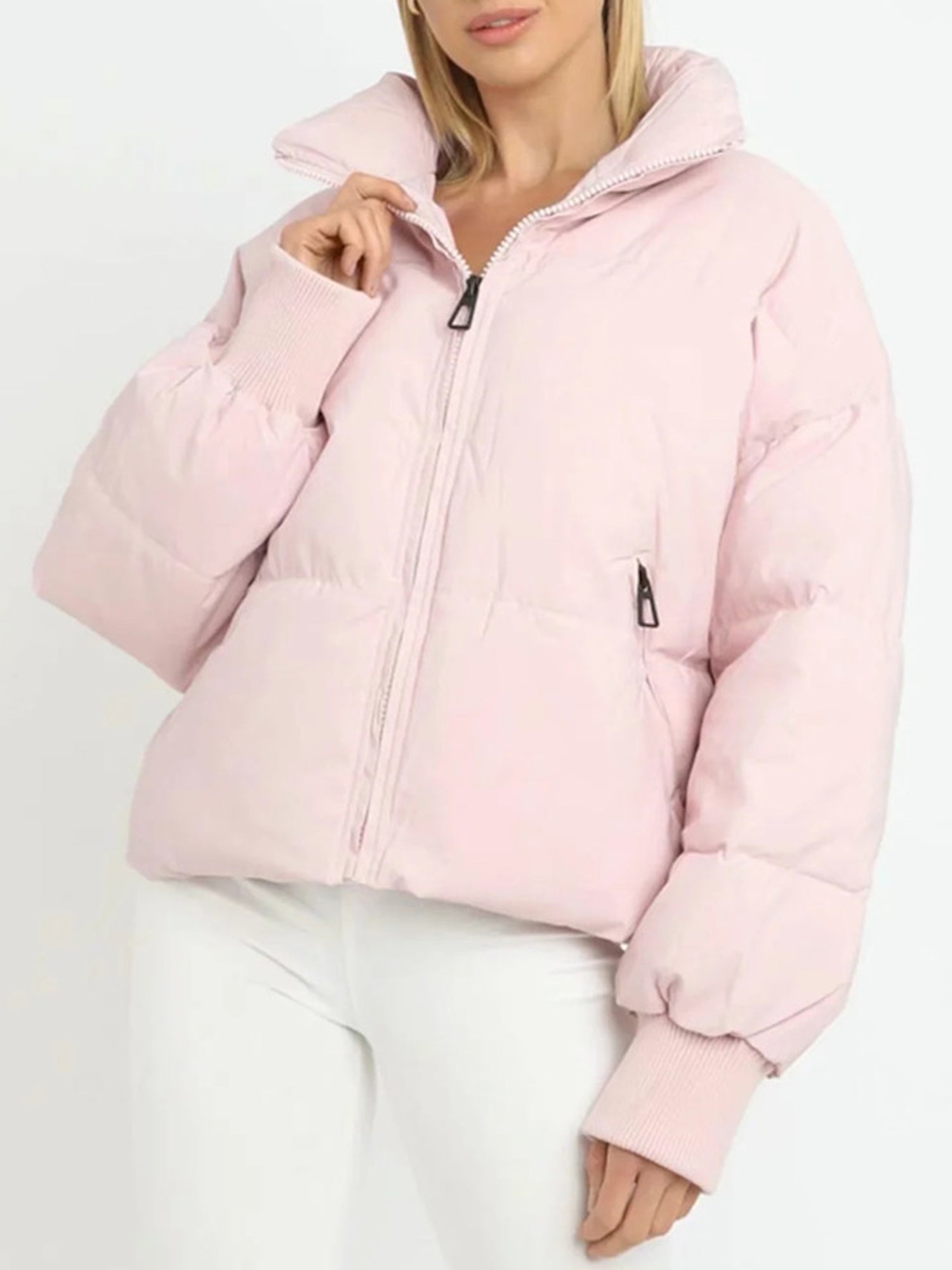 Cropped Puffer Jacket with High Neck and Zip Closure