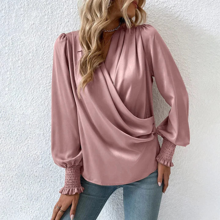 Elegant Draped V-Neck Long Sleeve Blouse for Women