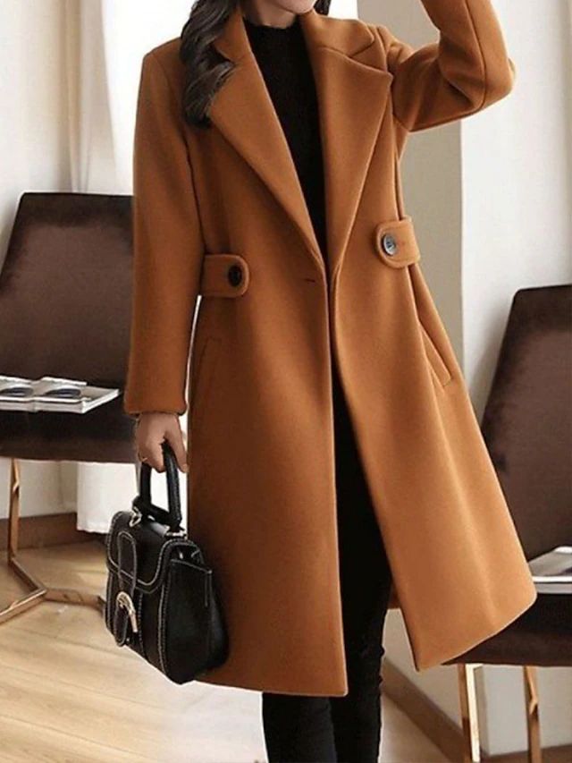 Classic Wool-Blend Long Coat with Lapel Collar