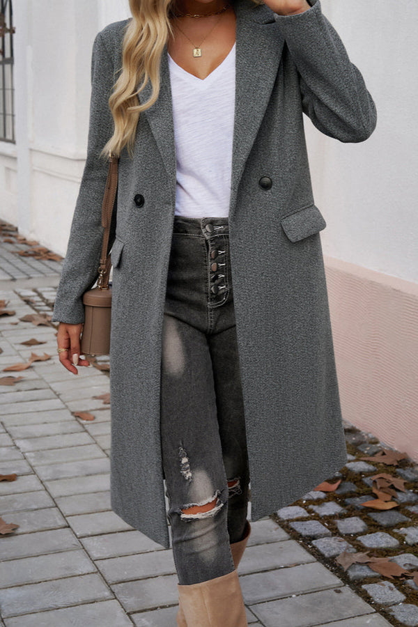 Single-Breasted Long Wool-Blend Coat with Lapel Collar