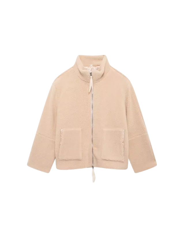 Oversized Teddy Fleece Zip-Up Jacket with High Neck