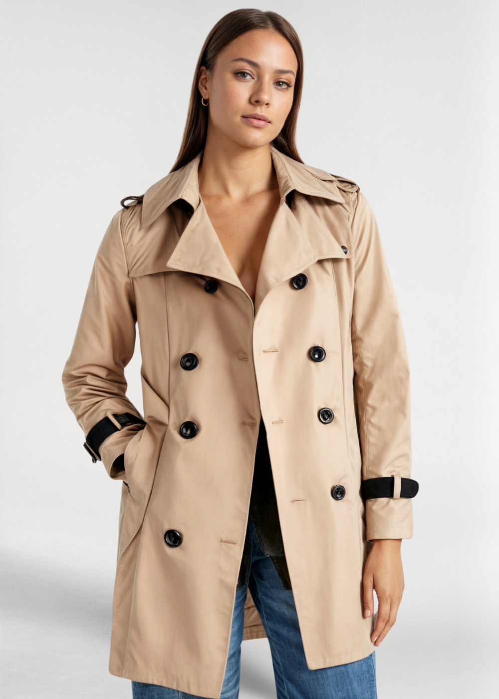 Classic Double-Breasted Trench Coat with Belt and Contrast Trim