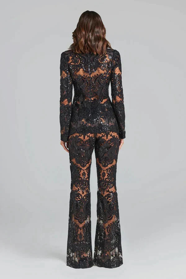 Black Lace Sequin Blazer and Pants Set – Women’s Evening Partywear